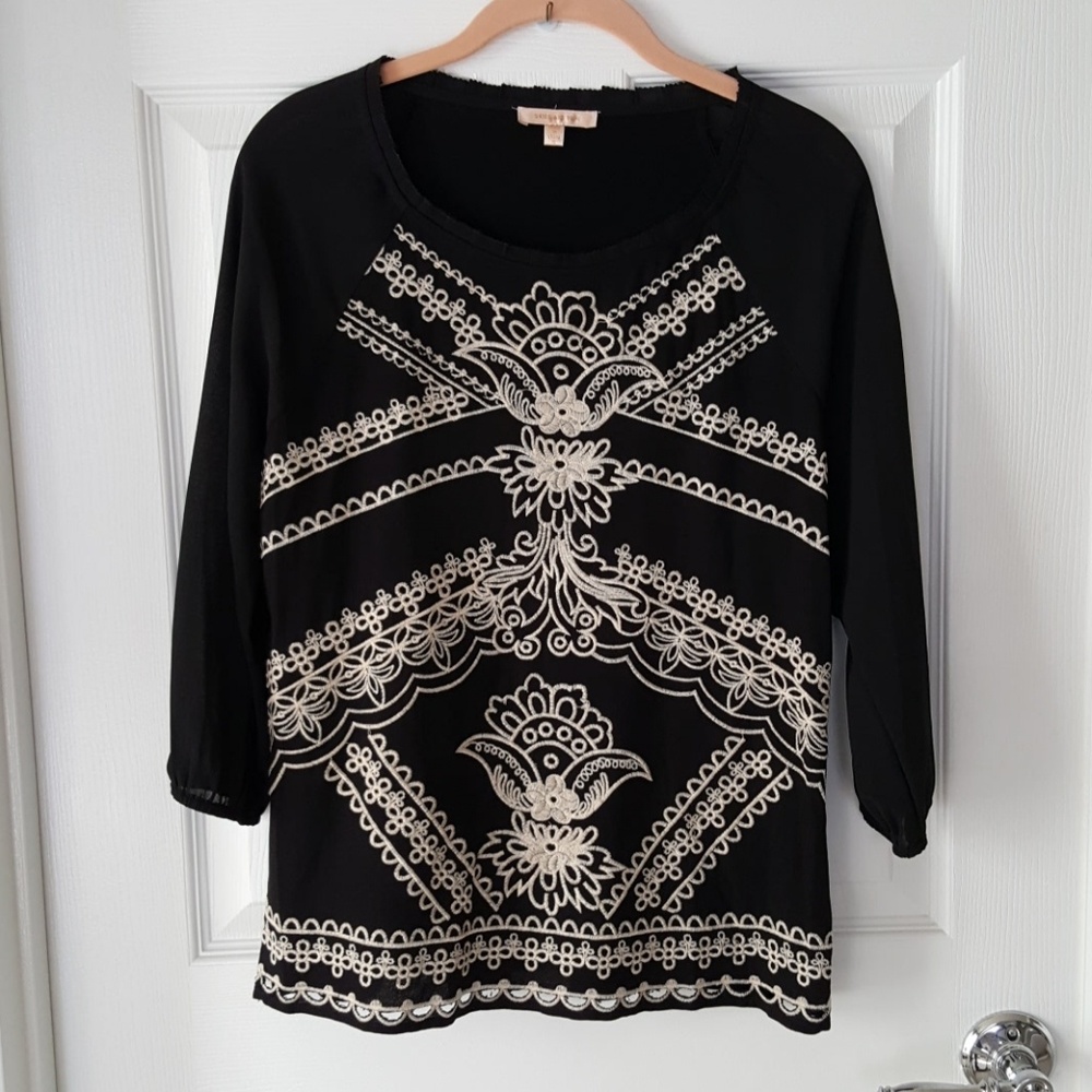 Black blouse w cream embroidery